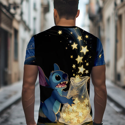 Cute Stitch Holding Stars Bag Print T-shirt Men Streetwear Cartoon Graphic Tops