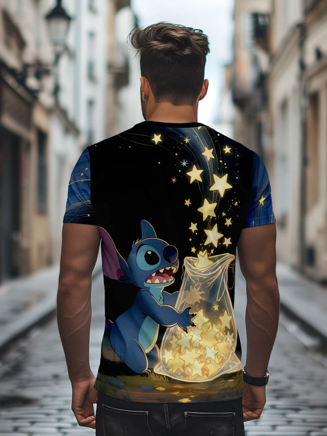 Cute Stitch Holding Stars Bag Print T-shirt Men Streetwear Cartoon Graphic Tops
