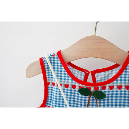 2 Pcs Baby Girl's New Summer Dress with Sleeveless Round Neck Plaid Heart Cherry Cotton Skirt and Diagonal Cross Bag Included