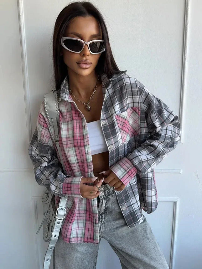 2025 Plus Size Color Block Plaid Shirt: Contrast Notch Collar Blouse with Single Pocket & Straight Hem for Casual Wear