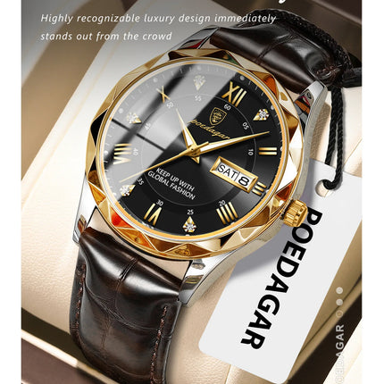 POEDAGAR Original Luxury Men's Watch Waterproof Luminous Date Week Sports Men's Watches Classic Business Quartz Leather Men Watch