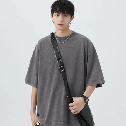 Summer men's washed T-shirt 230G pure cotton retro faded loose neutral basic short-sleeved loose fitness top