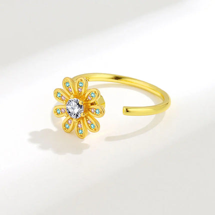 VENTFILLE 925 Sterling Silver Sunflower Diamond Zircon Rotatable Ring For Women Gift Relieve Stress Ring Jewelry Wholesale
