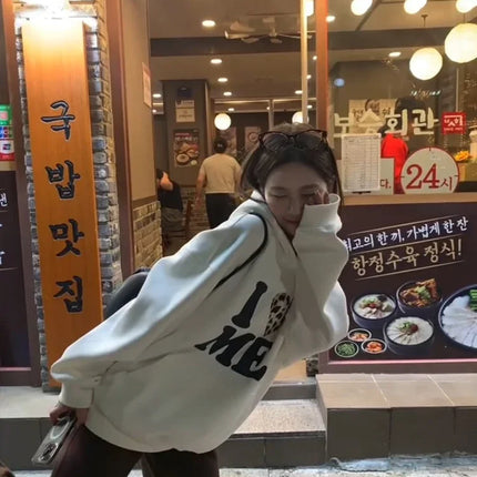 Korean Series Chic Leopard Print Letters Hood White Hoodie Women Autumn and Winter Fleece-lined Thickened Loose Pullover