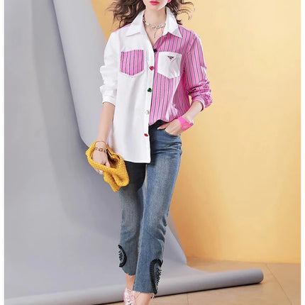 Spring new striped stitching high-end temperament casual women's shirt top for women