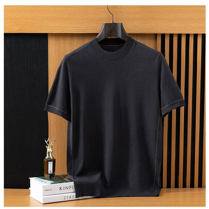2026 Spring/Summer New Men's Short Sleeved 100% Wool T-Shirt Sweater O-neck Solid Color Loose Knit Pullover Business Casual Tops
