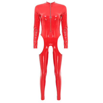 Women's Sexy Open Crotch Wet Look Jumpsuit Faux Leather Full Body Suit Latex Catsuit Long Sleeve Zipper Leotard One-Piece Clubwear