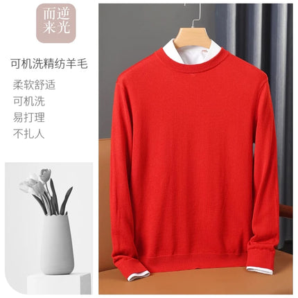 100% Wool Round Neck Solid Color Knitted Sweater Men's Pullover Long Sleeved Loose Sweater Business Casual Simple Cashmeres 2026