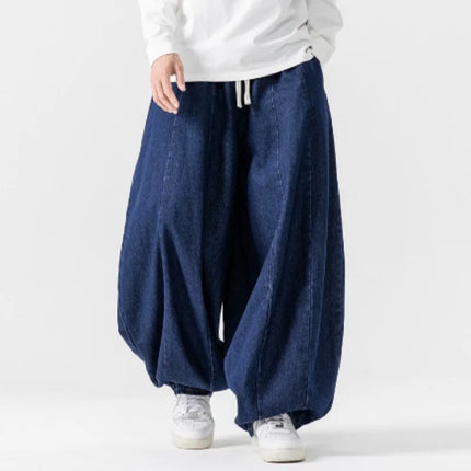 New retro loose harem pants men's hip-hop denim wide leg pants men's solid color straight leg pants jeans elastic waist pants me