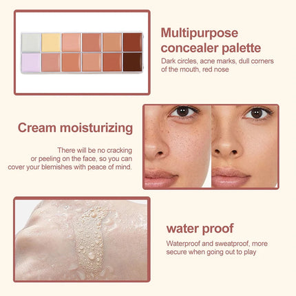 VERONNI 12Color Concealer Palette with Brush-Natural Cream Acne Spot Dark Circles Cover Face Foundation Brighten Cosmetic Makeup