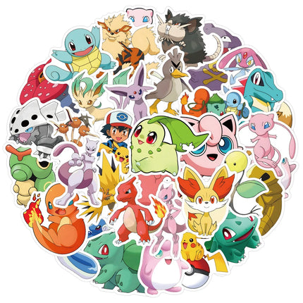 50pcs Cute Cartoon Anime Pokemon Stickers Kids Toys Kawaii Poke Ball Pikachu Decals Skateboard Laptop Waterproof Sticker