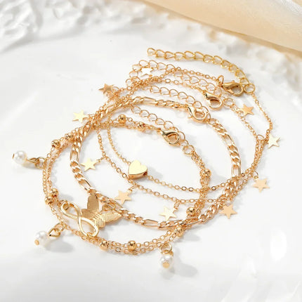 5pcs Boho 8 Charm Anklet Set for Women Vintage Pearl Butterfly Star Heart Pendant Chain Leg Jewelry for Summer Beach