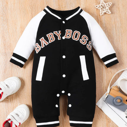 Fashionable letter printed long sleeved round neck cute and personalized baby boy jumpsuit