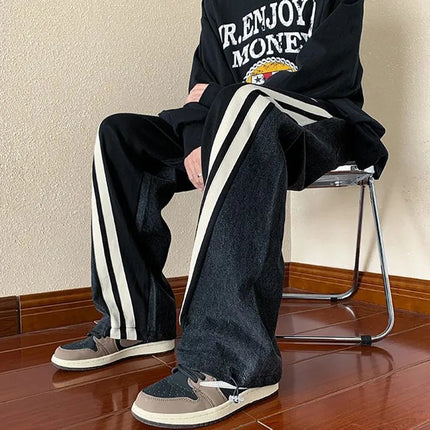 Mens Y2K Tracksuits Denim Drawstring Casual Pants Street Straight Pants Unisex Fashion Stitching Contrast Jeans Hip-Hop Trousers