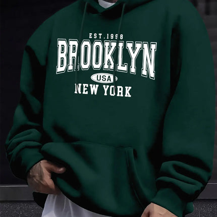 Men's autumn and winter casual fashion loose Brooklyn New York letter printed long sleeved hooded sweatshirt warm pullover