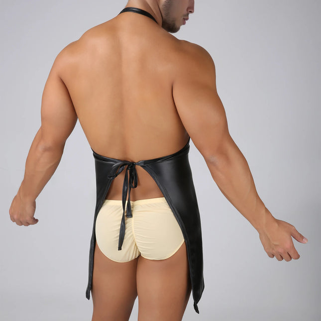 Open Crotch Men Erotic Sexy Faux Leather Apron Bodysuit Lingerie Chef Butcher Cosplay Fetish Costume Performance Clubwear