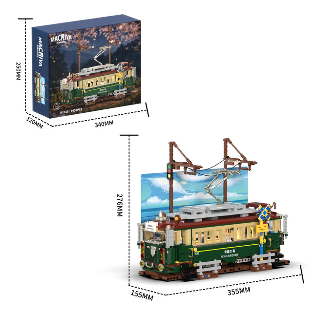 1953PCS Japanese Retro Tram with Lights Building Blocks Set, Desktop Ornament, Educational Model Assembly Toy, Birthday Gift