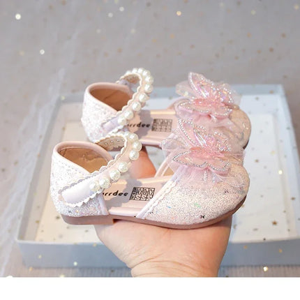 Chic Girls Dress Shoes for Wedding Party Bling Sequins with Rhinestone Butterfly Sweet Princess Chic Kids Flat Shoes Lace Beaded