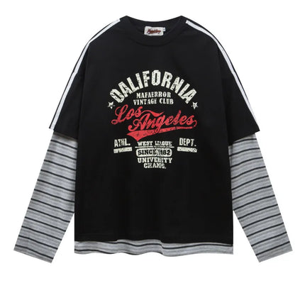 Retro patchwork color blocking casual loose print fake two-piece design sense round neck long sleeved T-shirt for men and women