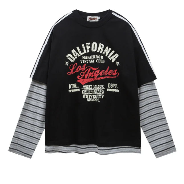 Retro patchwork color blocking casual loose print fake two-piece design sense round neck long sleeved T-shirt for men and women
