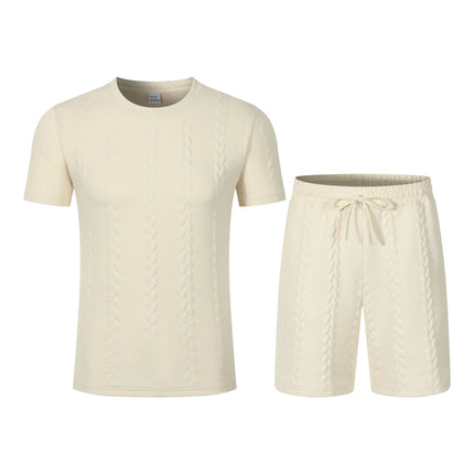 Summer men's new jacquard solid-color simple and fashionable comfortable round-neck short-sleeved short pants set
