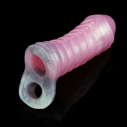 FAAK Pink Dildo Sheath Fantasy Ribbed Dragon Penis Sleeve Soft Silicone Sex Toys Stretchable Cock Enlargement Male Masturbator
