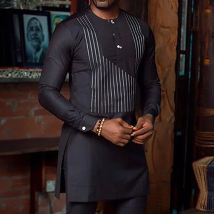 African Traditional Man Outfit Men 2PCS Suits Long-sleeved Round Neck Male Sets Shirt Top Pant Ethnic Style Casual Wear clothing