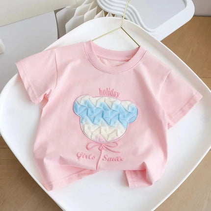 Sweet Cartoon Cotton Short Sleeve T-Shirt for Little Girls 3D Bear Design Summer New Style Children's Casual Wear from Mainland