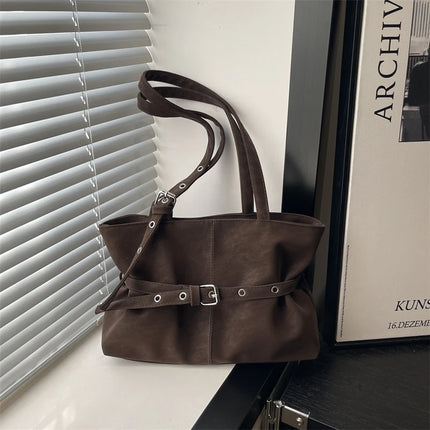 Minimalist Solid Color Tote Bag PU Belt Buckle Detail Lightweight Suede Zipper Large Spacious Shoulder Bag for Travel Commute