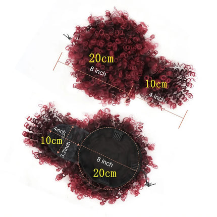 Short Curly Afro Puff Drawstring Ponytail, Ombre Burgundy Synthetic Hair Bun with Bangs, Kinky Curly Updo Hairpiece for Women
