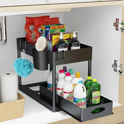2Tier Under Sink Organizer Sliding Cabinet Basket Pull Out Kitchen Storage Rack with Hooks Bathroom Shelf Multifunctional Holder