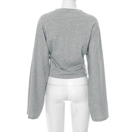 Women's Long Sleeve O-Neck Skinny T-Shirt Monochromatic Crop Top Casual Y2K Streetwear Fashion Pullover Summer Outfit