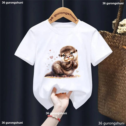 Harajuku Kawaii Kids Clothes Funny Otter Love Flowers Animal Printed T-shirt Girls/Boys Summer Fashion T-shirt Tops