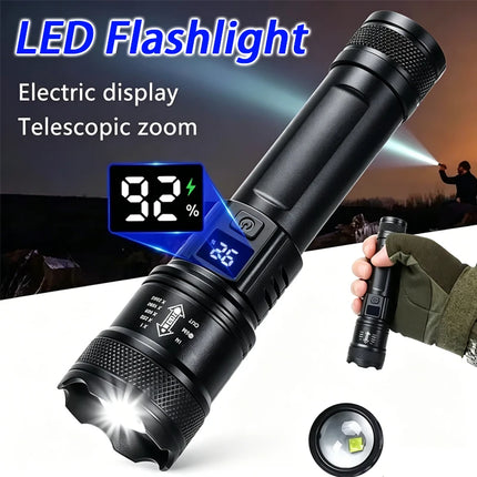 Rechargeable LED Flashlight Zoomable Torch with LCD Display 3 Modes Waterproof High Power Hand Light Outdoor Wilderness Camping