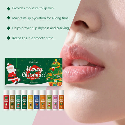 10PCS/Set Christmas Lip Blam Set Anti-Cracking Lipstick Deep Moisturizing Brighten Lip Color Christmas Party New Year Gift Box
