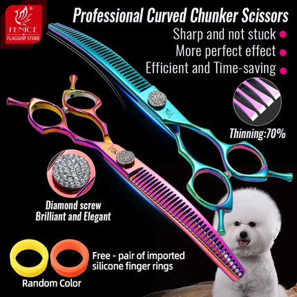 Fenice Grooming Scissors Diamond Screw 7.25 Inch Professional Curved Chunker Scissors Thinner Shears for Pet Groomers Tesoura