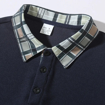 Men Waffle Knit Long Sleeve Polo Shirt Plaid Collar Breathable Daily Business Office Travel Holiday Walking Casual Tops