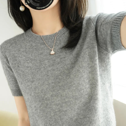Summer New Women's Knitted Short Sleeve T-shirt Thin Wool Cashmere Short Sleeve Loose Fit Round Neck Top Outerwear Straight Cut