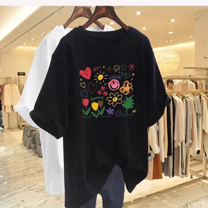 Women Clothing Chic Hand-painted Printing Basic T-shirt Summer Fashion Pure Cotton Round Neck Short Sleeve Tees Casual Loose Top
