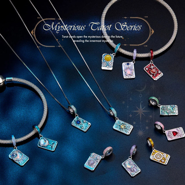 WOSTU 925 Sterling Silver Colorful Tarot Cards Charm Pendent Magic Star Moon Sun Lover Bead Fit DIY Bracelet Necklace Women Gift
