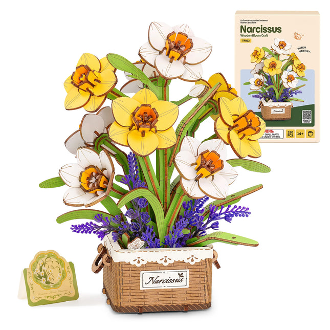 Rolife Artificial Flower Wooden 3D Puzzle Narcissus DIY Flower Bouquet Model Building Kit for Home Decor Mother's Day Valentine's Day Gifts