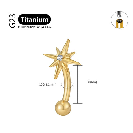 ASTM F136 Titanium 16G CZ North Star Rook Earring 6mm 8mm 10mm 12mm Curved Barbell Eyebrow Cartilage Tragus Labret Piercing