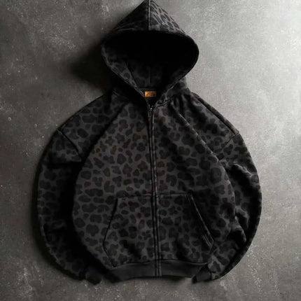 2026 New Arrival Women Y2K Dark Leopard Print Zip Up Hoodie Oversized Vintage High Street Hooded Sweatshirt