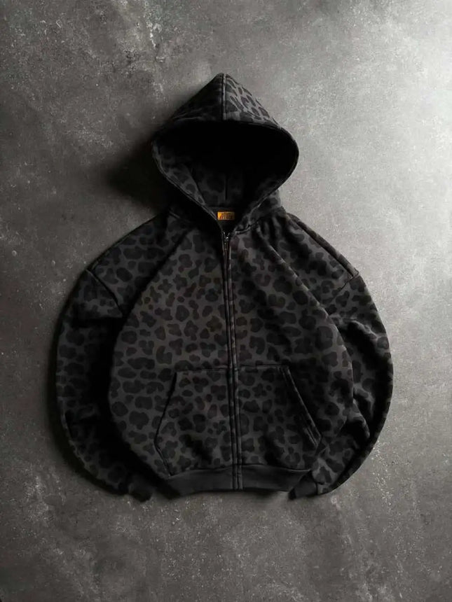 2026 New Arrival Women Y2K Dark Leopard Print Zip Up Hoodie Oversized Vintage High Street Hooded Sweatshirt