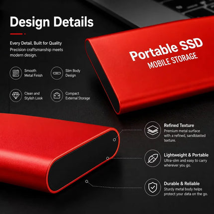 1TB External Hard Drive Portable SSD USB 3.1 Type-C Fast Transfer Shockproof for Laptop Mac PC Home Office Use