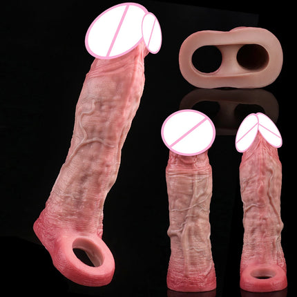 SXXY Super Real and Soft Penis Sleeve With Close Head Silicone Girth Enhancer For Men Penis Extend Reusable Condom Sex Toy