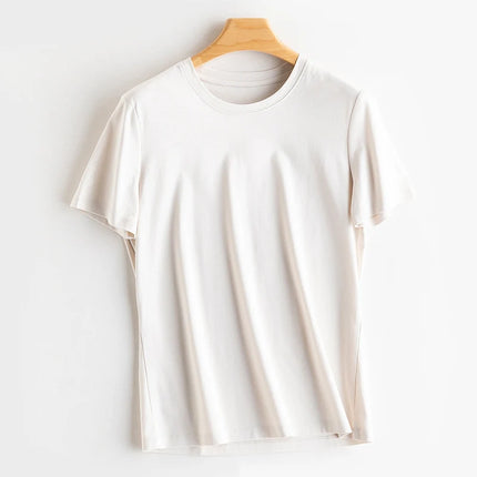 SuyaDream Women Solid T shirts, Silk Cotton Blend, O Neck, Short Sleeved Solid Tee,2025 Summer Candy Colors Basic Cozy Top Green
