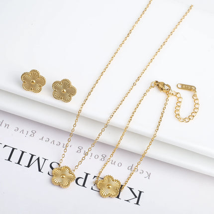 Metal Laser Five Leaf Flower Bracelet Necklace Earrings Jewelry Set Classic For Woman Stainless Steel Jewelry Daily Wear Clover