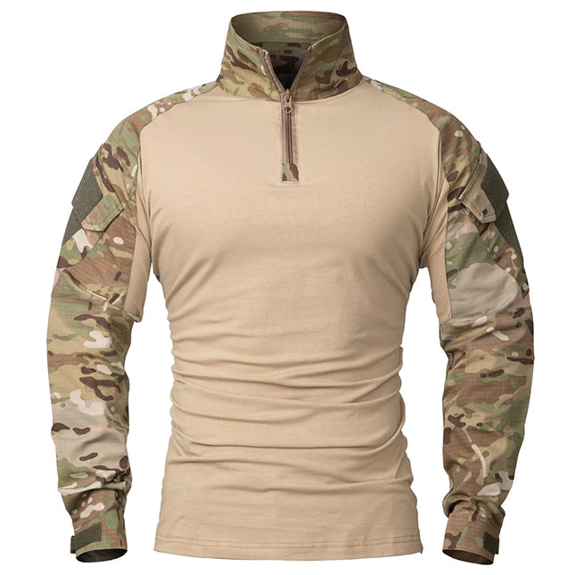 Men's Long Sleeve Combat Shirt 1/4 Zipper Ripstop Cotton Tactical Shirts Navy Blue Camoufalge Airsoft T Shirts