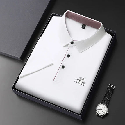 New Men's Business Casual Short-Sleeved Shirt with Badge, Solid Color Polo Shirt, Fashionable, Breathable, Comfortable, Versatile Top